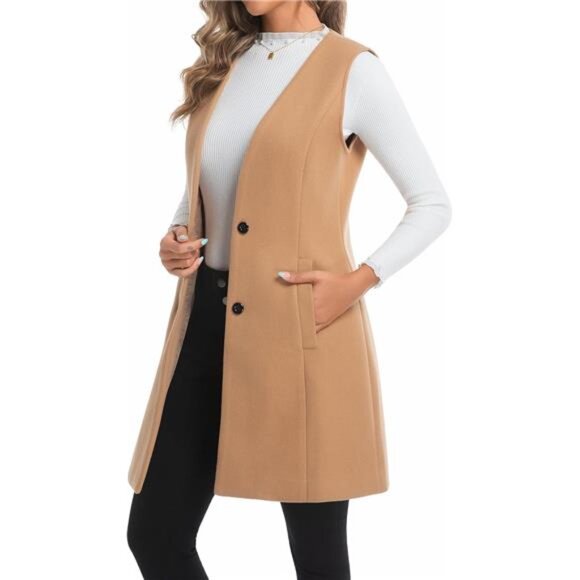 Women's Long Plaid Vest Fall Winter Trench Coat Sleeveless Blazer Jacket - Picture 2 of 5